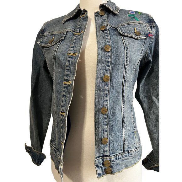 Vintage Yuka Jeans Embroidered Denim Jacket Sz Medium Womens Floral Long Sleeve - Picture 10 of 10